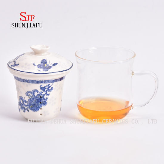 Taza de té de flores para oficina y hogar, filtro de cerámica y taza de vidrio de borosilicato, tazas de té de vidrio con tapa