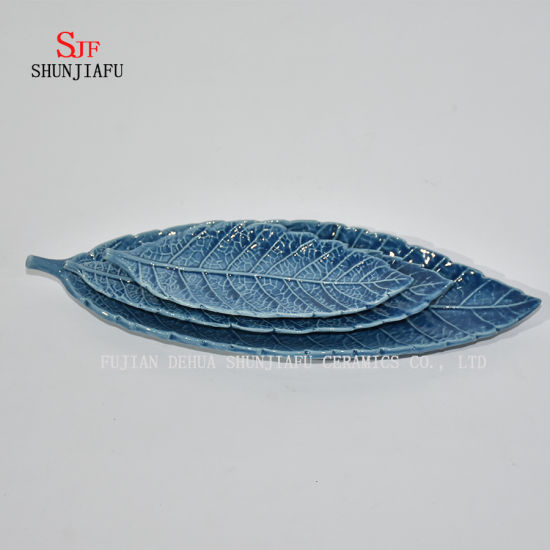 Hoja Azul Ceramica Salsa Brillante Plato Plato Salsa
