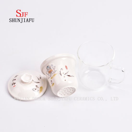 Tazas de cerámica Taza de té de vidrio de doble pared Taza transparente creativa Juego de tres piezas con filtro y tapa Tazas de té con flores de rosas Taza de cerámica de vidrio