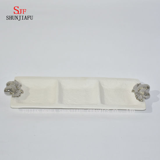 Plato de tres platos pequeños de tartán de porcelana blanca para aperitivo, postre, ensalada, merienda, sushi, fruta, pan