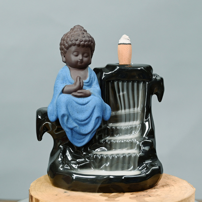 Buddha Monk Ash Catcher Tower Cono de incienso Soporte de barra de reflujo Producción profesional Quemador de incienso de reflujo de cerámica de Buda verde