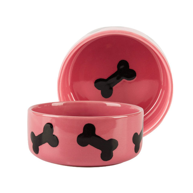 con impresión de estilo de hueso Alimentador circular de cerámica para perros Alimentador de cerámica para mascotas de color rosa Recipiente de cerámica para perros
