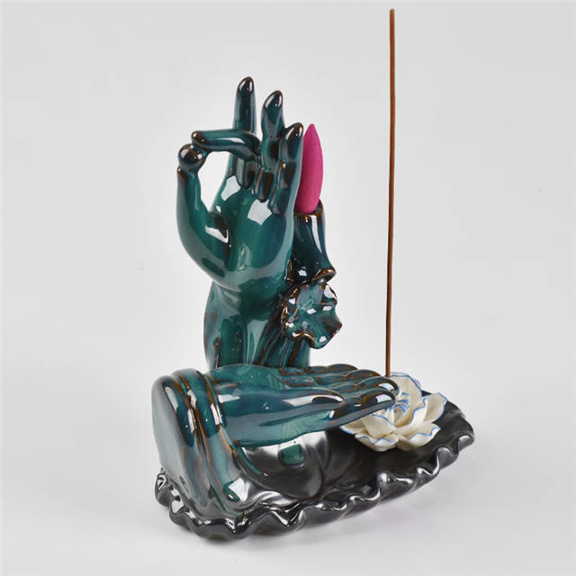 color azul Con ambas manos de Buda Estilo de flores Flujo de fondo incensario de cerámica quemador de incienso de flujo de cerámica