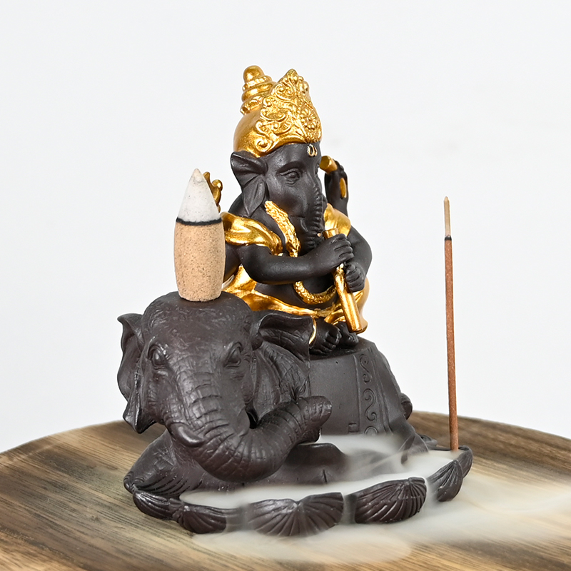 Cerámica Ganesha Play Flaute Estilo se sienta en la cascada de elefante Conejo de incienso de incienso Cerámico Cerámica Incienso incienso