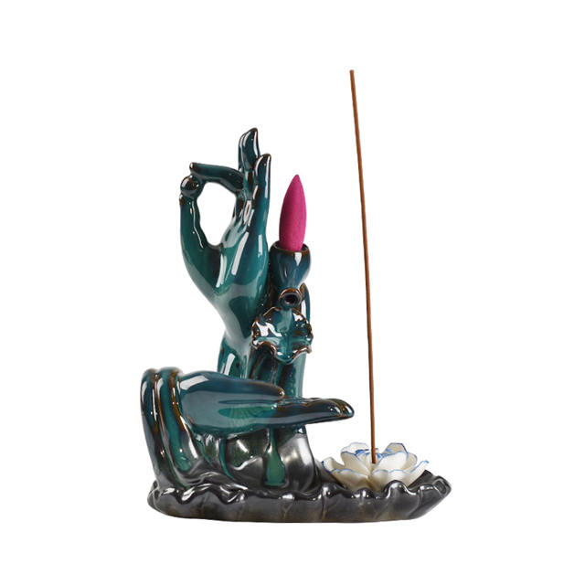 color azul Con ambas manos de Buda Estilo de flores Flujo de fondo incensario de cerámica quemador de incienso de flujo de cerámica