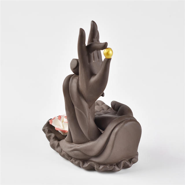 Color negro con ambas manos de Buda Estilo de flor Reflujo Incensario de cerámica Quemador de incienso de reflujo de cerámica