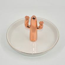 Soporte de anillo de bandeja de joyería de cerámica con diseño de cactus de planta dorada