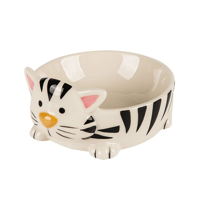 Círculo negro con cabeza y pies de gato Alimento de cerámica circular impreso para perros Alimentador de mascotas de cerámica rosa Tazón para gatos