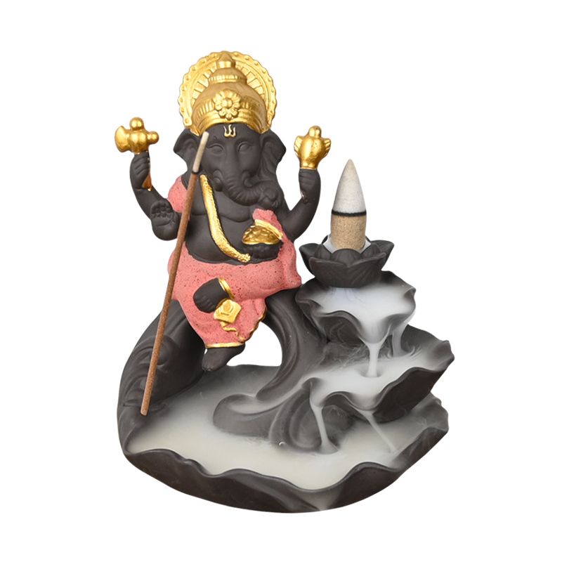 Quemador de incienso de reflujo de cascada de Ganesha rojo de cerámica