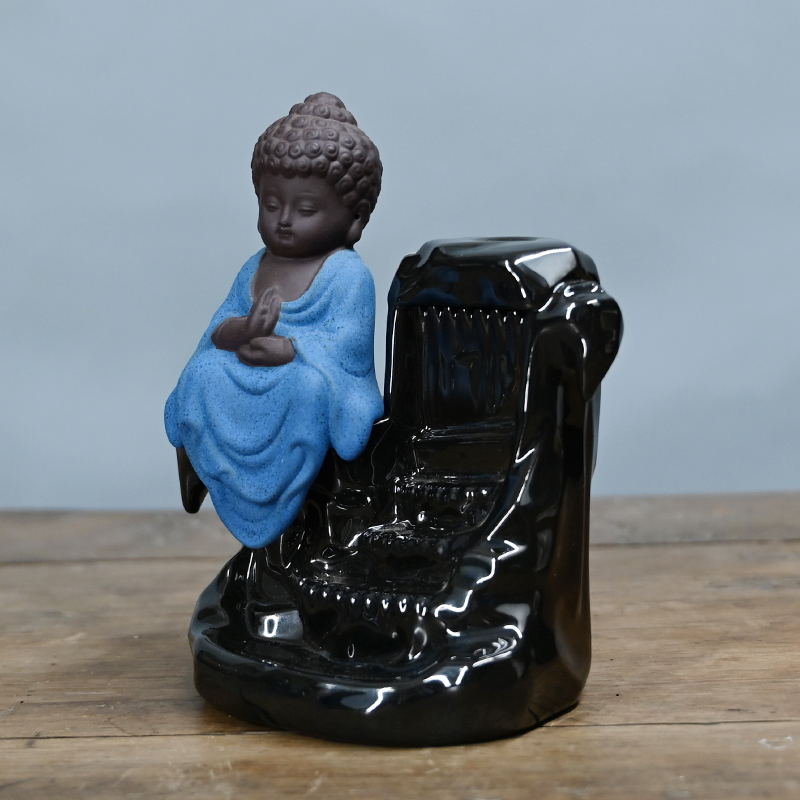 Buddha Monk Ash Catcher Tower Cono de incienso Soporte de barra de reflujo Producción profesional Quemador de incienso de reflujo de cerámica de Buda verde