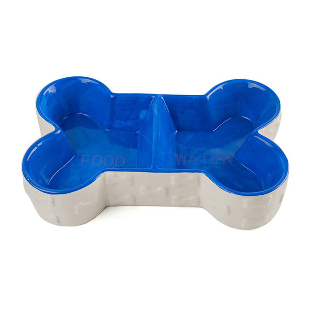 Huesos de anaglifo Tazón Inferior Forma de hueso azul Diseño de doble tazón Tazón para perros Lavabo de comida de cerámica Lavabo de comida para mascotas Lavabo de comida para mascotas encantador