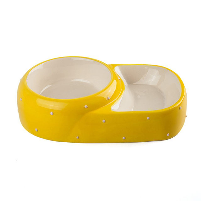 Uso exclusivo de Archie Tazón doble alto y bajo estilo amarillo Alimentador de cerámica para mascotas Tazón de cerámica para perros