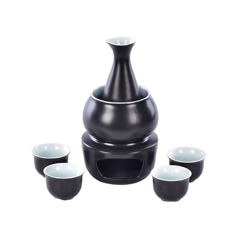 Black Glazy Glaze Black Sake Pot Copa de vino Cera Cabeller Cerámica Negra Set sake