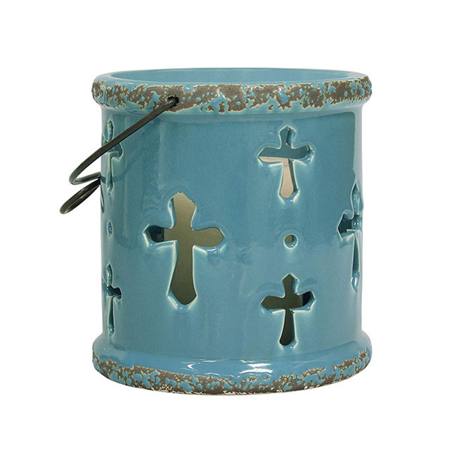 Vela de cerámica portátil hueca azul claro Vela colgante hueca