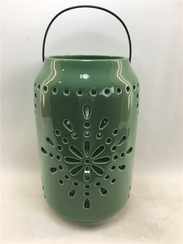 Decoración del equipamiento del hogar Estilo de forma de tira de cilindro de cerámica verde Linterna de cerámica de huracán